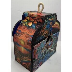 Handmade Wooden Abstract Birdhouse with a Funky Multicolored Psychedelic Crow
